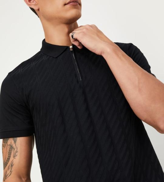 Men Slim Fit Textured Zipper Polo T-shirt