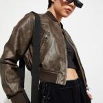 Women Faux Leather Crop Bomber Jacket