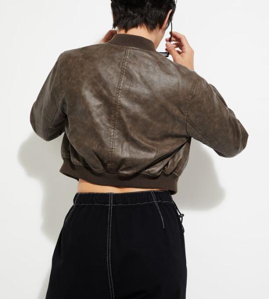 Women Faux Leather Crop Bomber Jacket