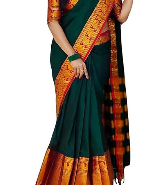 C J Enterprise Women's Pure Soft Cotton Silk Saree Kanjivaram Style With Blouse Piece for Wedding (Cotton Lavendor Paithani)
