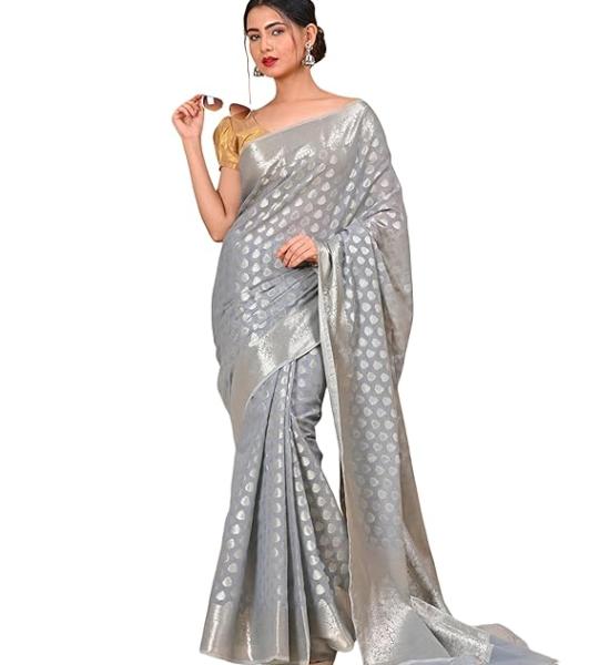 Banarasi Silks Women's Beautiful and Authentic Made in Banaras Fancy Woven Saree with Floral Design and Unstitched Blouse