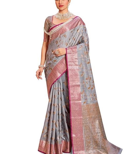 SWORNOF Women's cotton leaves Saree With Unstitched Boluse Piece