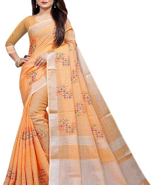 ALAGINI Women's Linen Cotton Woven Embroidery Traditional Saree