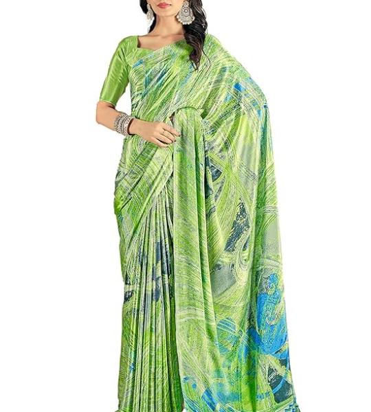 INDONIQ Fashion Women’s Pure Soft Italian Crape Silk Geometric Printed Saree with Blouse Piece, Unique Saree for Wedding and Traditional Look (30402, Unstitched Blouse)