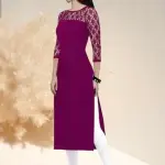 Casual American Crepe And Net Round-Neck 3/4 Length Sleeves Wine Kurti (42"Inches)