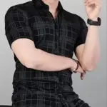 STI Men's Checked Regular Spread Collar Black Shirts