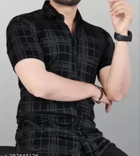 STI Men's Checked Regular Spread Collar Black Shirts